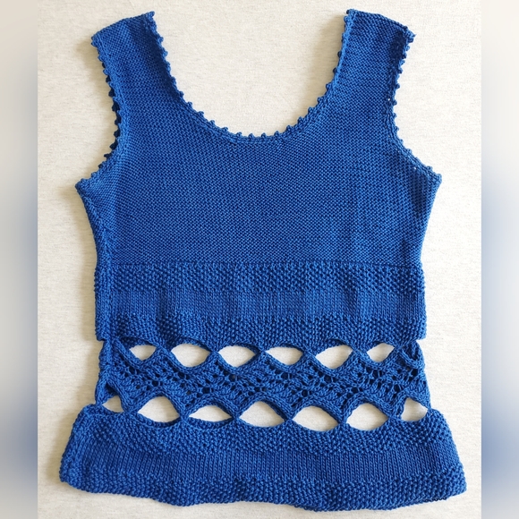 Vintage Tops - Vintage knit crochet top blue cotton cutout tank‎ scoop neck sleeveless boho S M